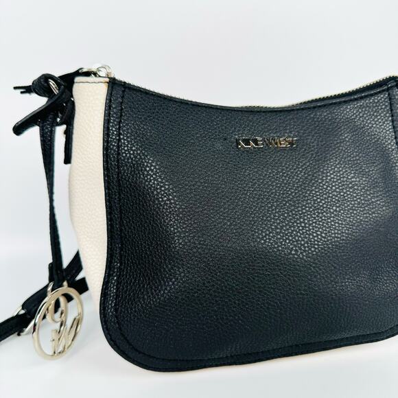 Y2K Nine West Women's Black White Small Adjustable Strap Leather Crossbody Bag - Picture 1 of 11